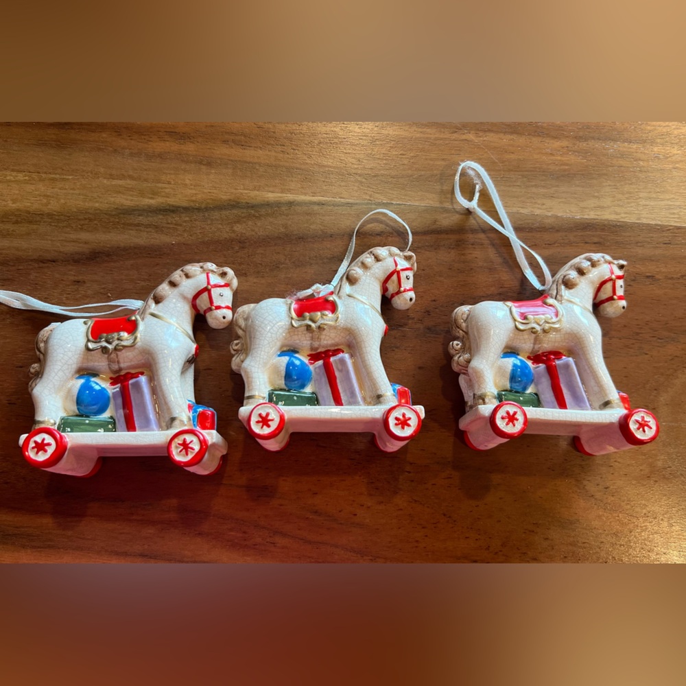 3 Vintage Ceramic Christmas Ornament Little Pony Horse With Gifts Hand Painted